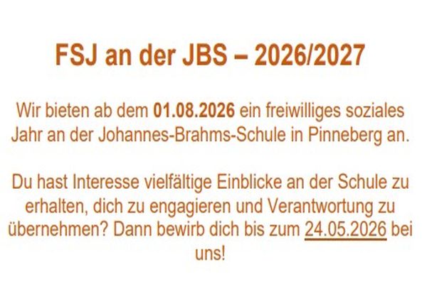 Bewirb dich jetzt! FSJler/FSJlerin an der Johannes-Brahms-Schule für das Schuljahr 2026/27 gesucht.